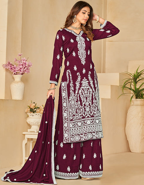 chic wine berry art silk designer party wear salwar suit with wine berry art silk df-25-10252 Back View