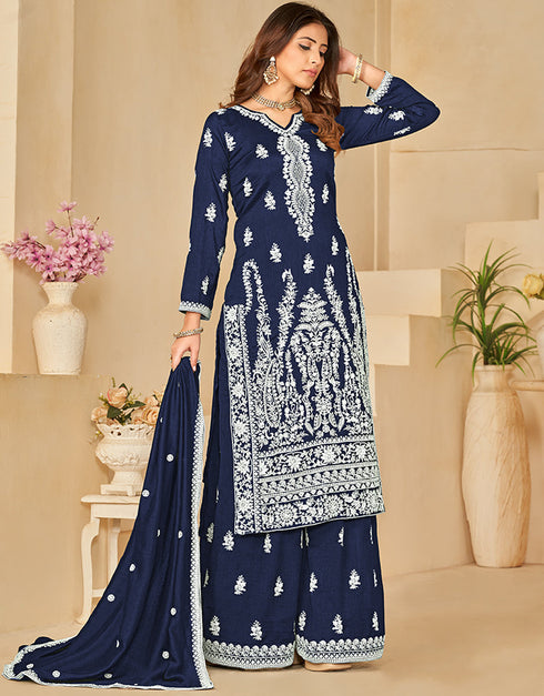 trendy nile blue art silk designer party wear salwar suit with nile blue art silk df-25-10253 Back View