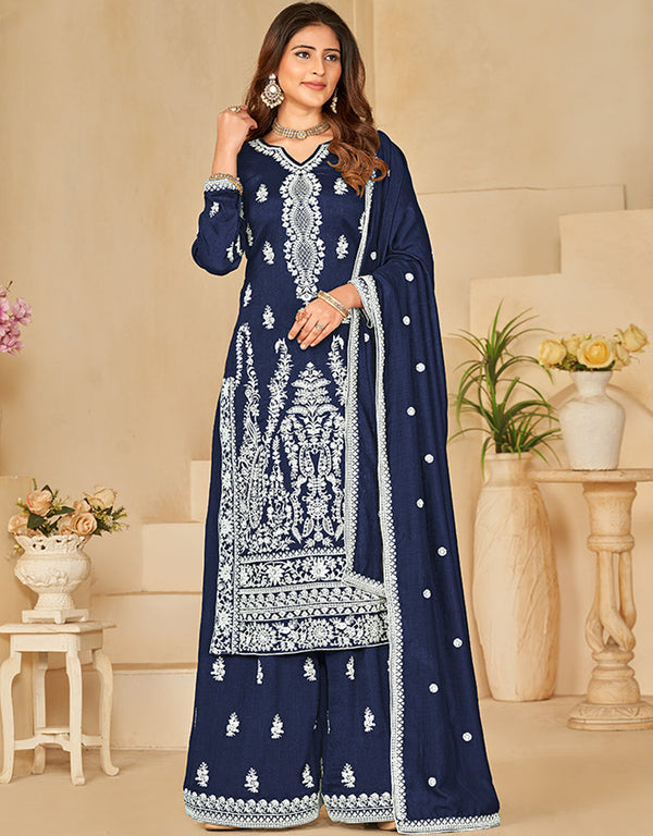 trendy nile blue art silk designer party wear salwar suit with nile blue art silk df-25-10253 Front View