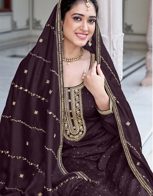 sleek woody brown real premium silk designer traditional wedding wear salwar suit with woody brown real premium silk ie-1002 Close-up View