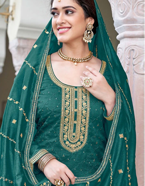 sophisticated greenish blue real premium silk designer traditional wedding wear salwar suit with greenish blue real premium silk ie-1004 Close-up View