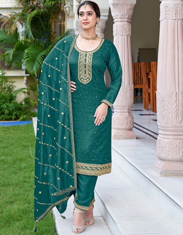 sophisticated greenish blue real premium silk designer traditional wedding wear salwar suit with greenish blue real premium silk ie-1004 Front View