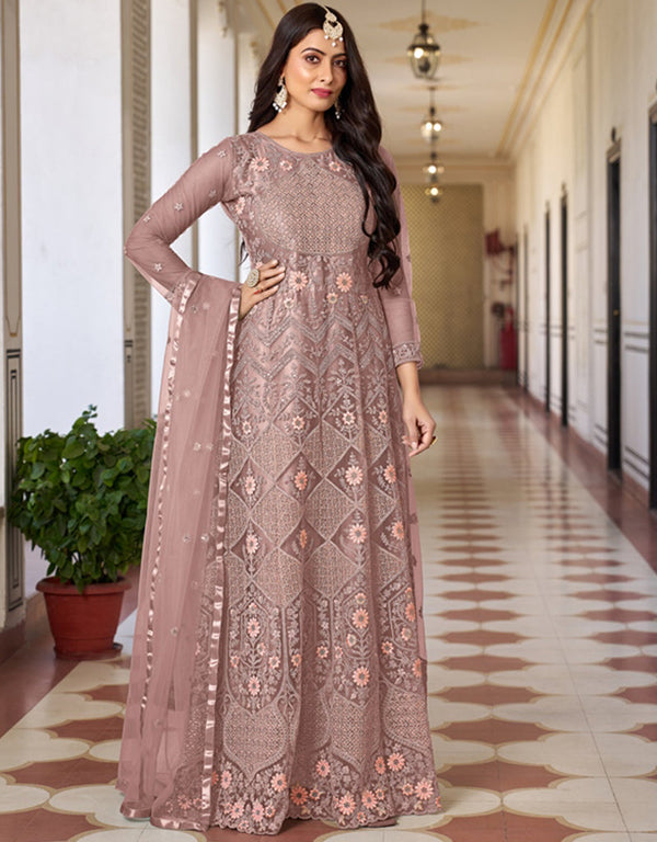 chic light mauve butterfly net designer party wear readymade salwar suit with light mauve japan satin ie-1026-b Front View