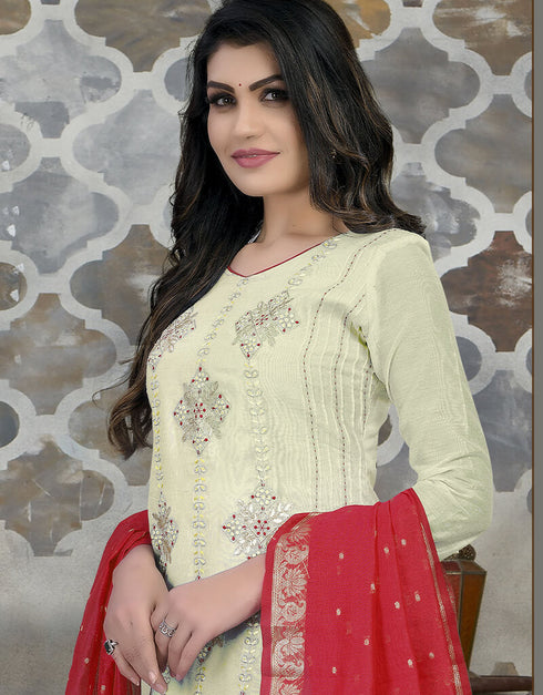 White Modal Chanderi Chudidar Salwar Suit Closure View