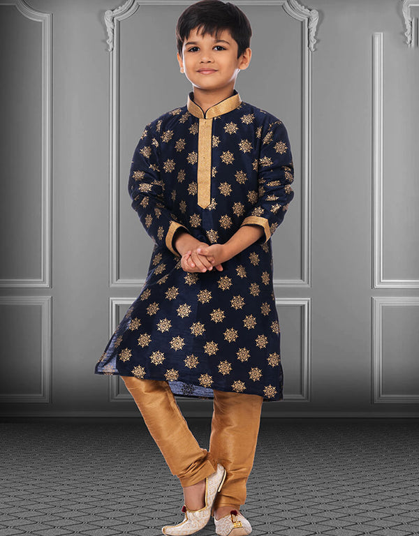 Navy Blue Kurta Pajama Printed Dhupion Silk