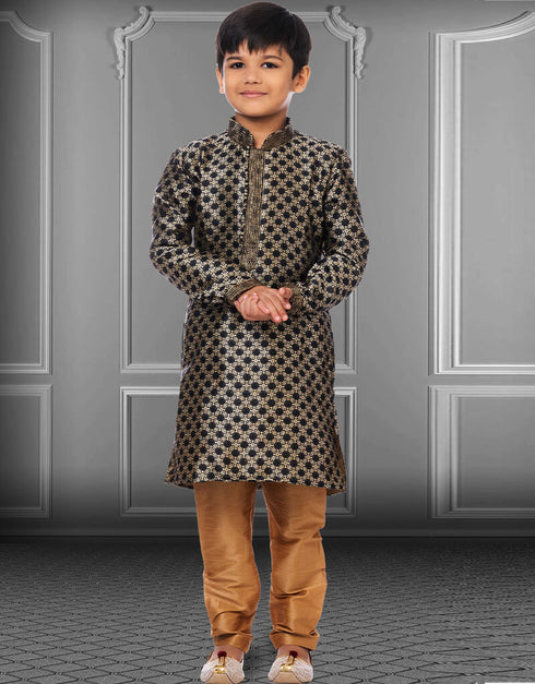Black Kurta Pajama Jacquard Silk