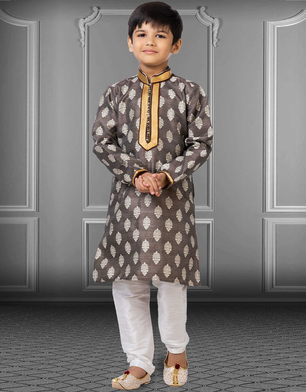Grey Kurta Pajama Jacquard Silk