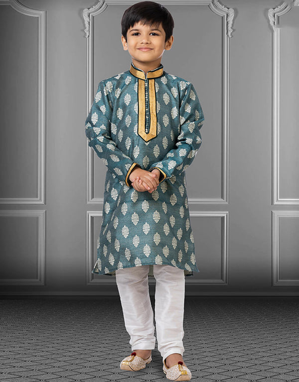 Teal Kurta Pajama Jacquard Silk