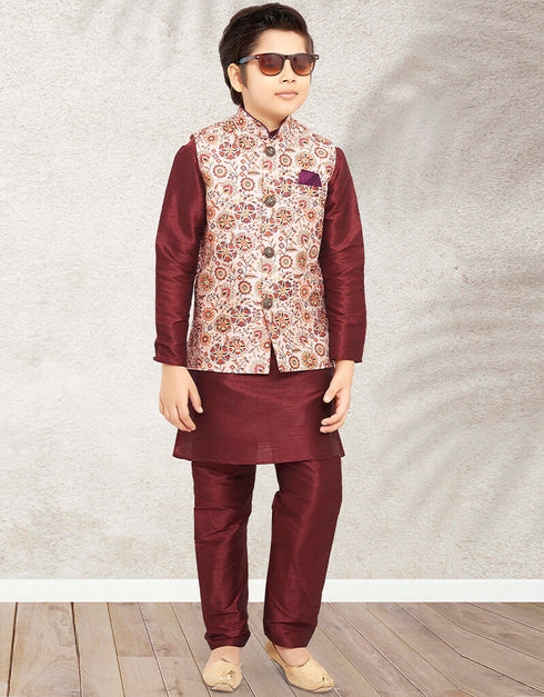 Maroon Kurta Pajama Print On Banarasi Silk