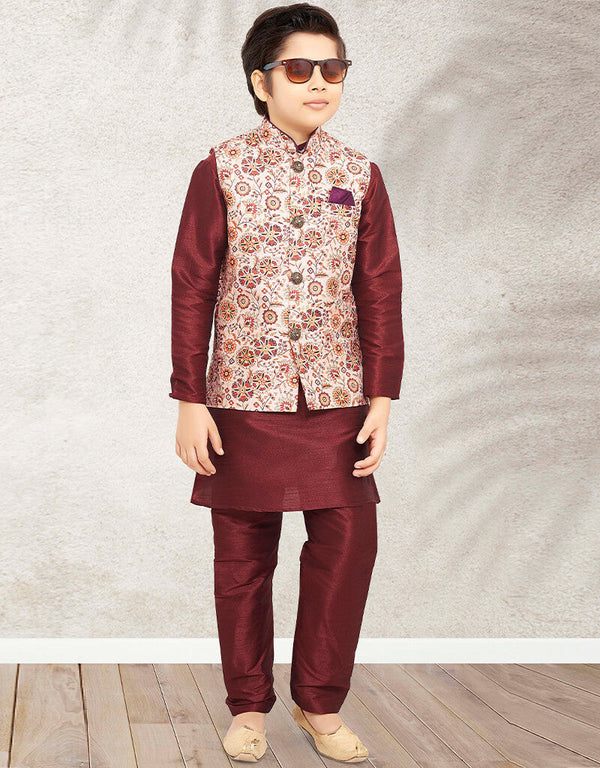 Maroon Kurta Pajama Print On Banarasi Silk