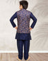 Navy Blue Kurta Pajama Print On Banarasi Silk Closure View
