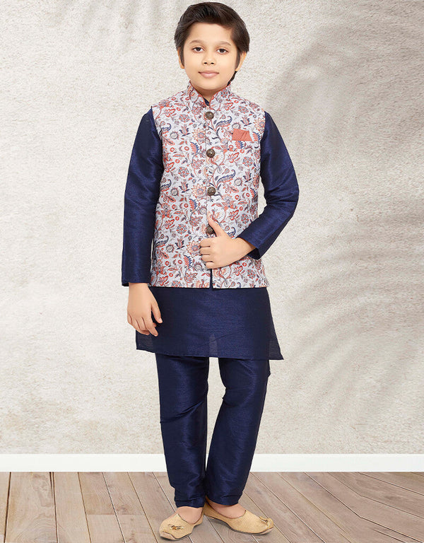 Navy Blue Kurta Pajama Print On Banarasi Silk
