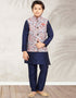 Navy Blue Kurta Pajama Print On Banarasi Silk