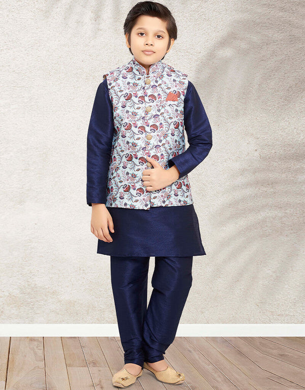 Navy Blue Kurta Pajama Print On Banarasi Silk