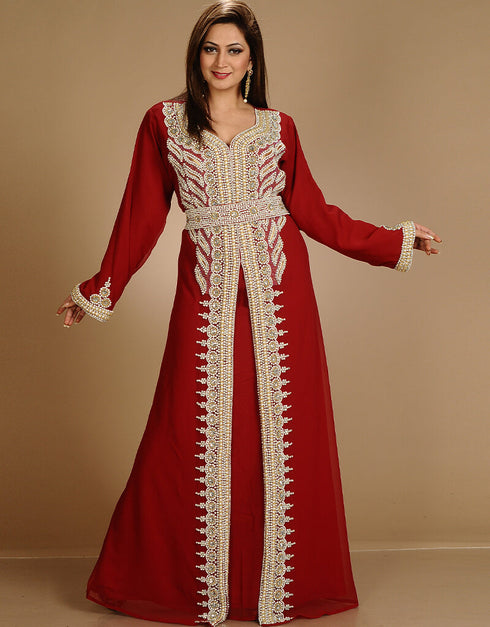 Chic Maroon Georgette Hand Embroidery Party Wear Kaftan
