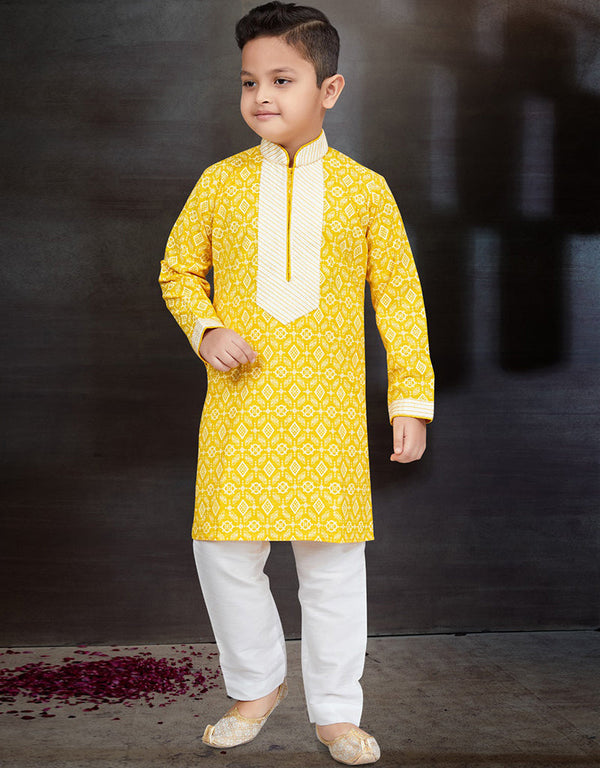 Yellow Kurta Pajama Cotton Front View