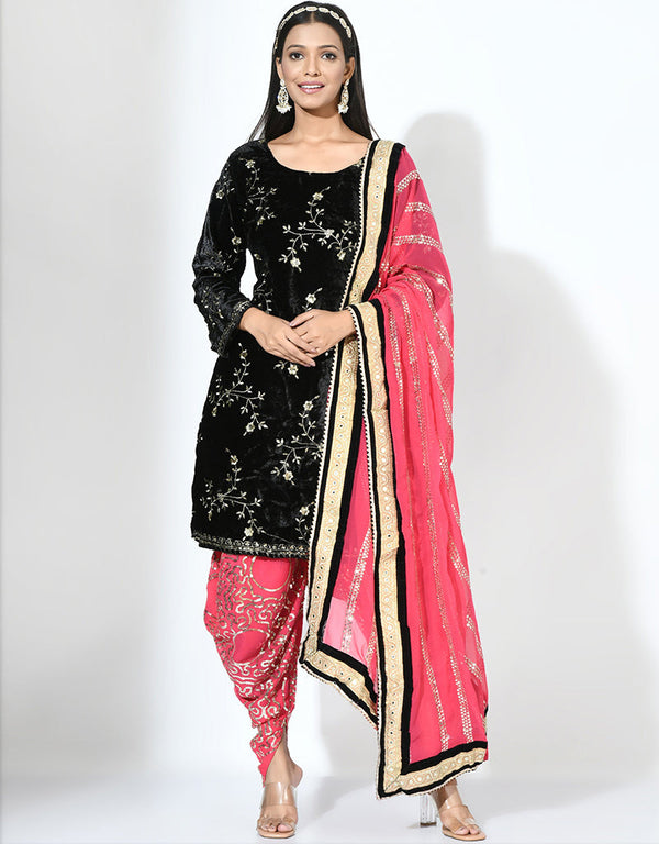 Traditional Party Wear Heavy Viscose Velvet Salwar Suit Black Viscose Velvet Patiyala Straight Front View
