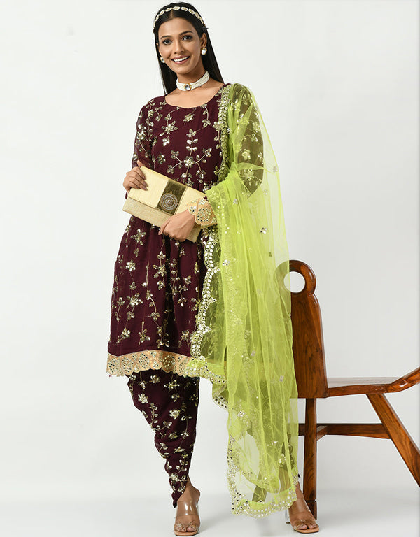 Traditional Party Wear Heavy Viscose Velvet Salwar Suit Magenta Viscose Velvet Patiyala Straight Front View