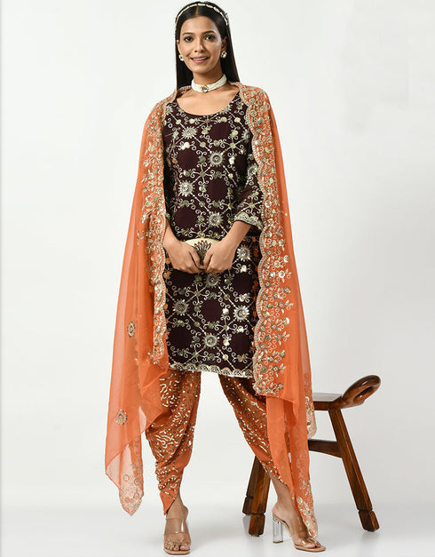Traditional Party Wear Heavy Viscose Velvet Salwar Suit Brown Viscose Velvet Patiyala Straight Front View