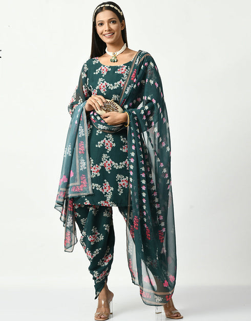 Traditional Party Wear Heavy Viscose Velvet Salwar Suit Teal Viscose Velvet Patiyala Straight Front View