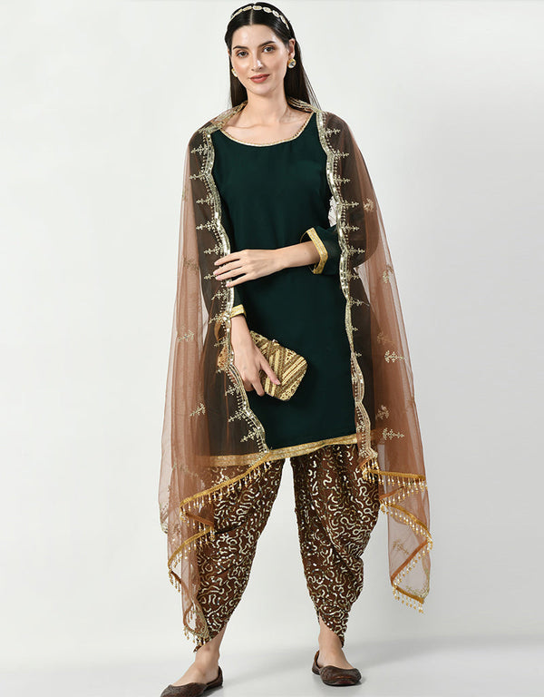 Traditional Party Wear Heavy Salwar Suit Green Heavy Faux Georgette Patiyala Straight Front View