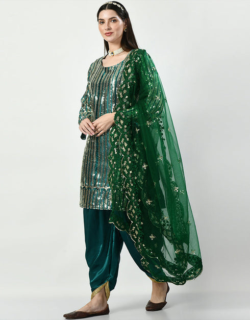 Traditional Party Wear Heavy Salwar Suit Multi Heavy Malay Silk Patiyala Straight Close-up View