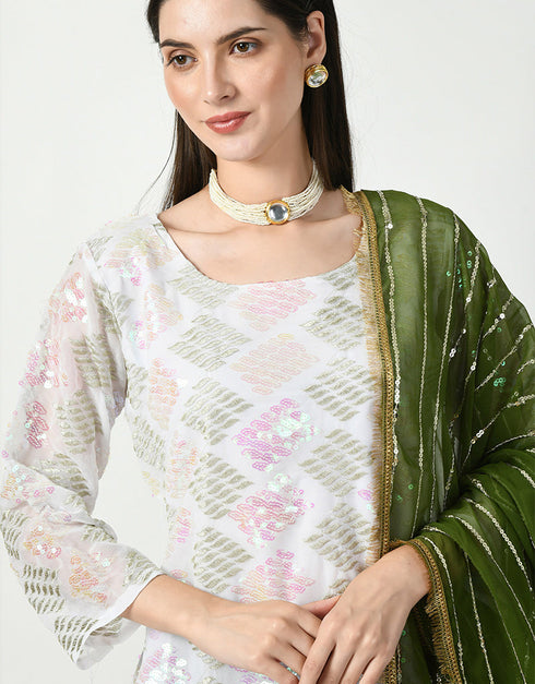 Traditional Party Wear Heavy Salwar Suit White Heavy Faux Georgette Patiyala Straight Close-up View