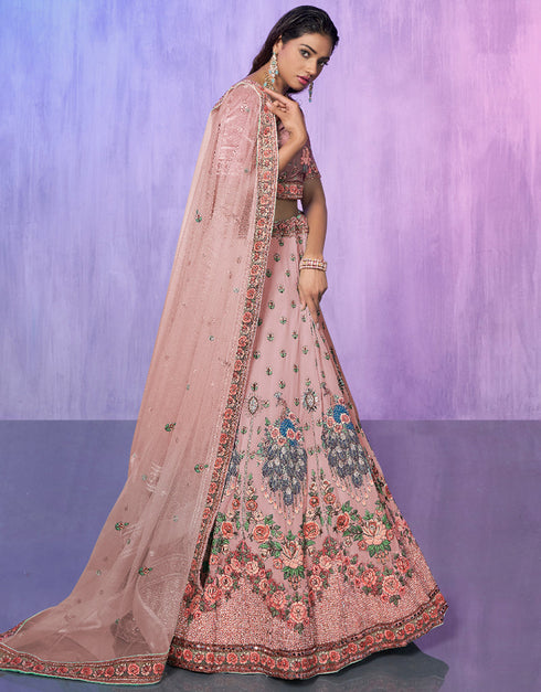 Designer Wedding Wear Heavy Lehenga Choli Collection Peach Velvet Lehenga Choli Close-up View