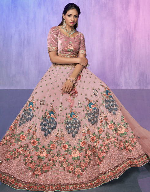 Designer Wedding Wear Heavy Lehenga Choli Collection Peach Velvet Lehenga Choli Front View