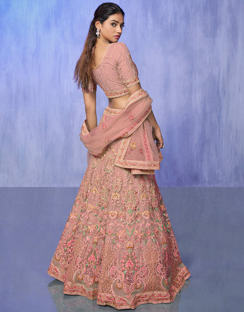 Designer Wedding Wear Heavy Lehenga Choli Collection Peach Net Lehenga Choli Close-up View