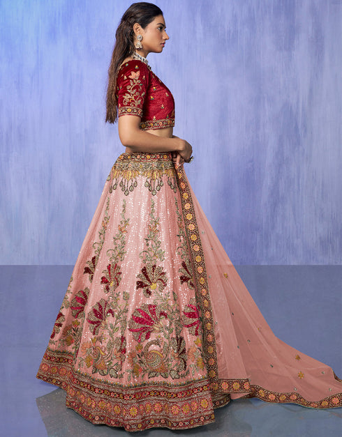 Designer Wedding Wear Heavy Lehenga Choli Collection Peach Velvet Lehenga Choli Close-up View