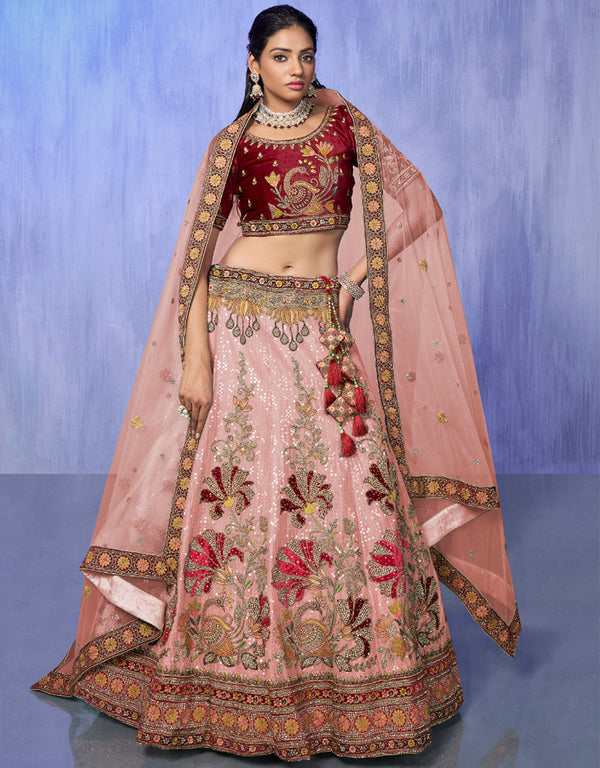 Designer Wedding Wear Heavy Lehenga Choli Collection Peach Velvet Lehenga Choli Front View