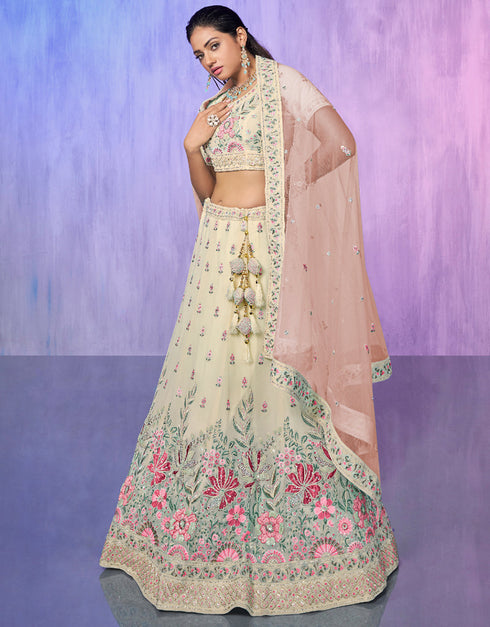 Designer Wedding Wear Heavy Lehenga Choli Collection White Georgette Lehenga Choli Close-up View