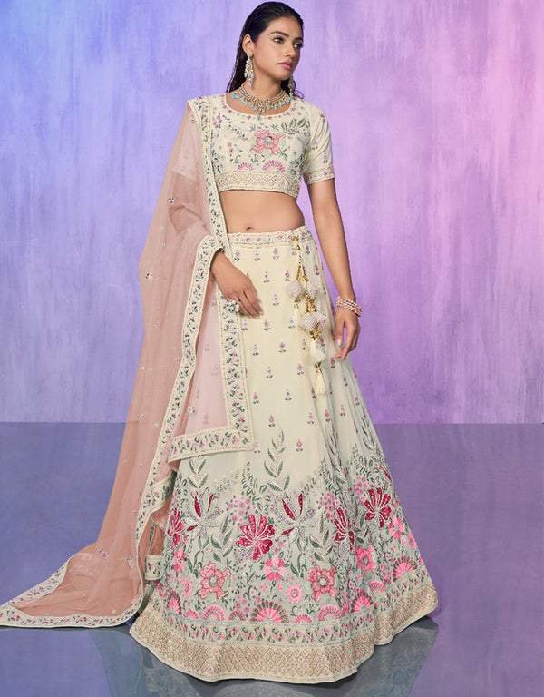 Designer Wedding Wear Heavy Lehenga Choli Collection White Georgette Lehenga Choli Front View