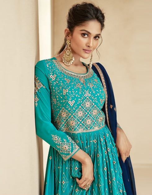 Designer Party Wear Blooming Georgette Salwar Suit Collection Sky Blooming Georgette Lehenga Suit Close-up View