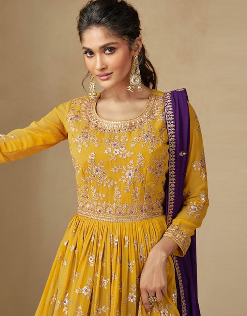 Designer Party Wear Blooming Georgette Salwar Suit Collection Yellow Blooming Georgette Lehenga Suit Close-up View