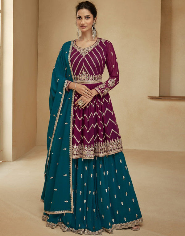 Designer Party Wear Blooming Georgette Salwar Suit Collection Purple Blooming Georgette Lehenga Suit Front View