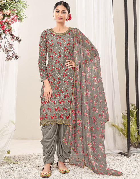 Traditional Function Wear Suit Collection Grey Net Patiyala Straight Close-up View