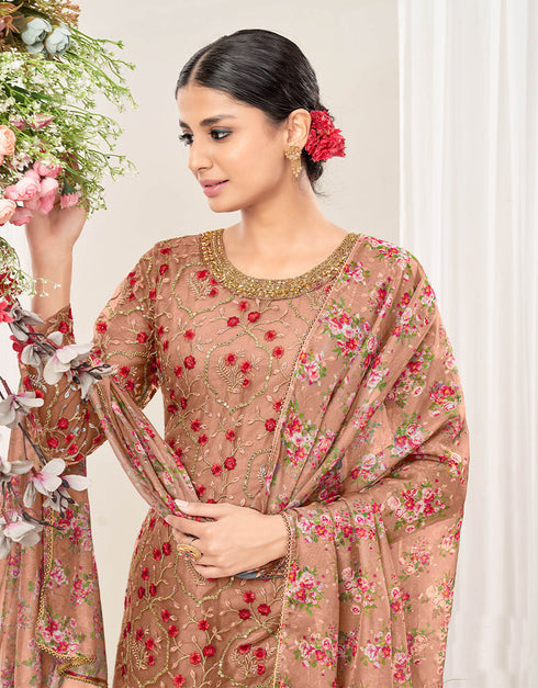 Traditional Function Wear Suit Collection Peachy Brown Net Patiyala Straight Back View