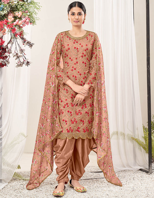 Traditional Function Wear Suit Collection Peachy Brown Net Patiyala Straight Front View