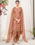 Traditional Function Wear Suit Collection Peachy Brown Net Patiyala Straight Front View