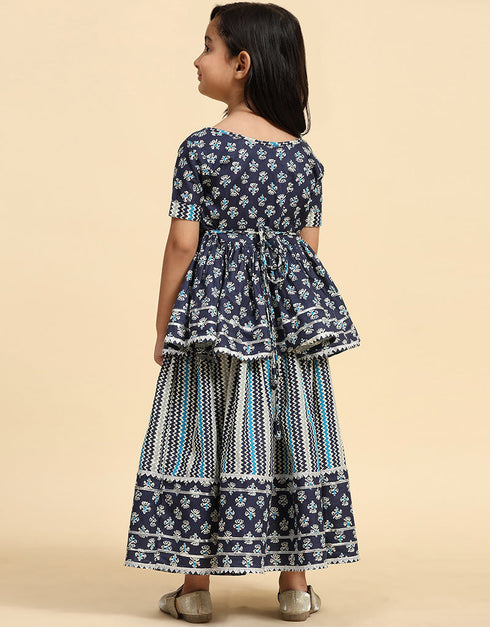 Indian Traditional Kids Wear Lehenga Choli Collection Navy Blue Cotton Lehenga Choli Back View