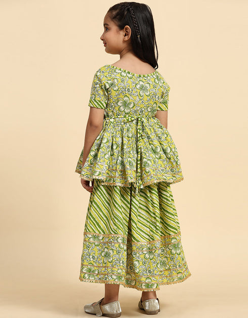 Indian Traditional Kids Wear Lehenga Choli Collection Green Cotton Lehenga Choli Back View