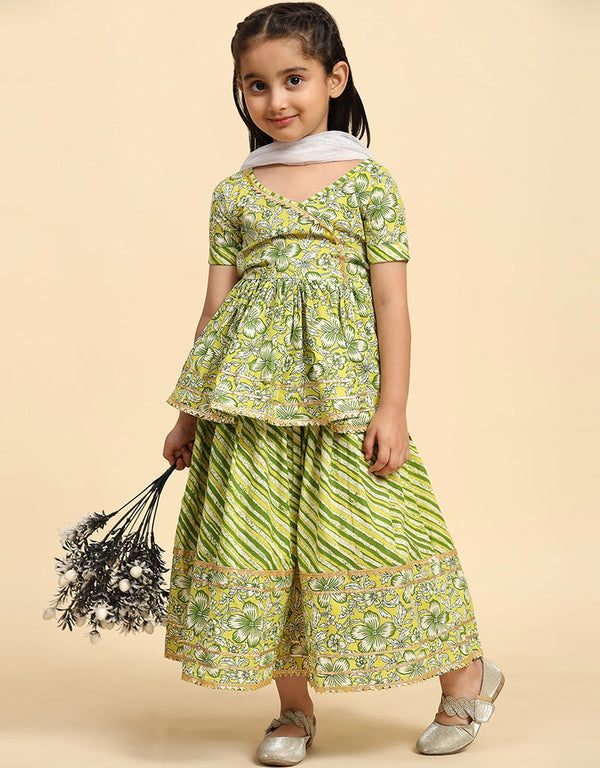 Indian Traditional Kids Wear Lehenga Choli Collection Green Cotton Lehenga Choli Front View