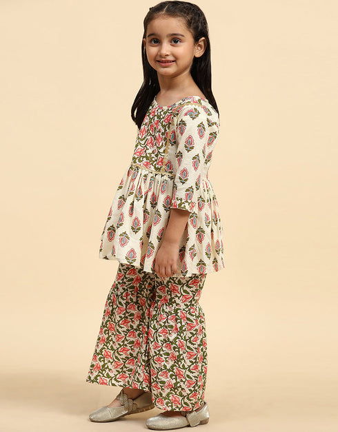 Indian Traditional Kids Wear Readymade Suit Collection Cream Cotton Sharara Suit Close-up View