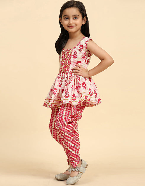 Indian Traditional Kids Wear Readymade Kurti With Patiyala Collection Red Cotton Patiyala Suit Close-up View