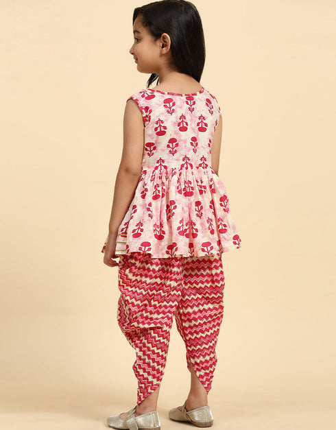 Indian Traditional Kids Wear Readymade Kurti With Patiyala Collection Red Cotton Patiyala Suit Back View