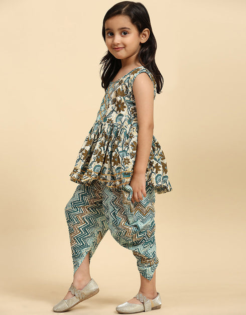 Indian Traditional Kids Wear Readymade Kurti With Patiyala Collection Green Cotton Patiyala Suit Close-up View
