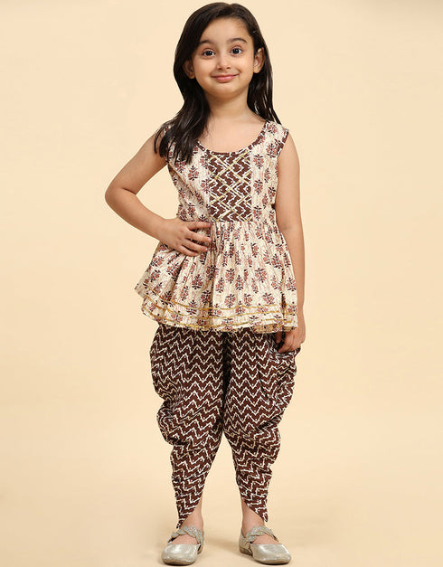 Indian Traditional Kids Wear Readymade Kurti With Patiyala Collection Coffee Cotton Patiyala Suit Close-up View