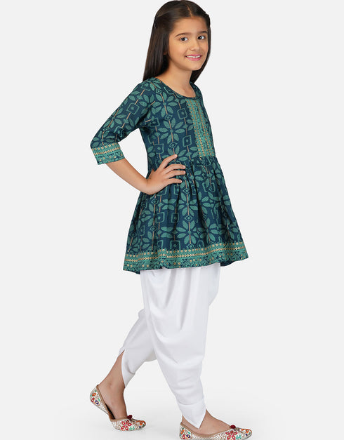 Indian Traditional Kids Wear Readymade Kurti With Patiyala Collection Green Pure Rayon Patiyala Suit Close-up View